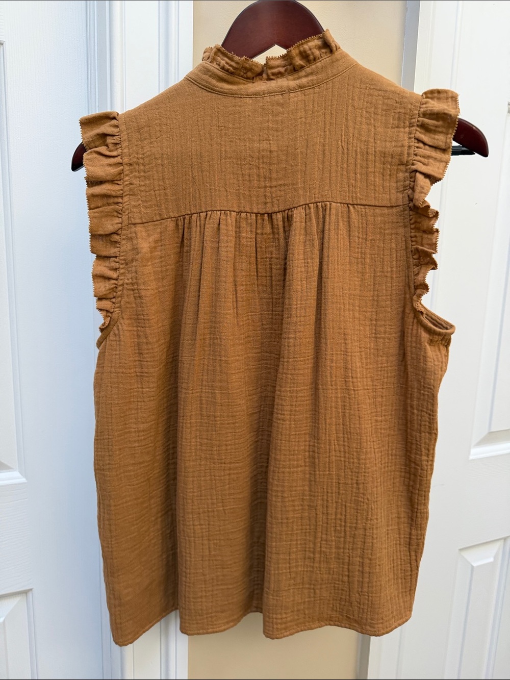J. Crew Factory Rust Brown Ruffle-Sleeve Button Front Tank - Picture 3 of 3